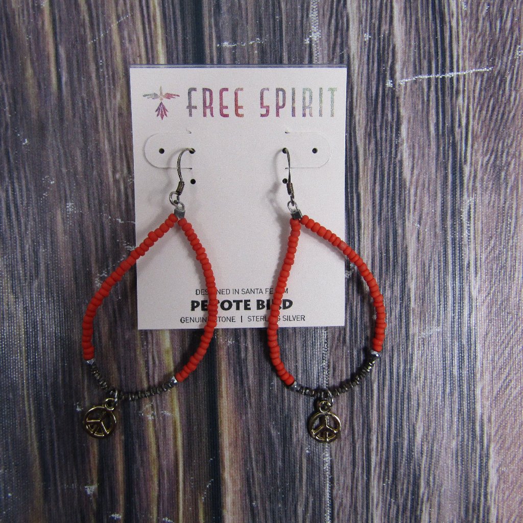 Peyote Bird New Nwt Free Spirit Red Beads Hoop Earrings Peace Sign